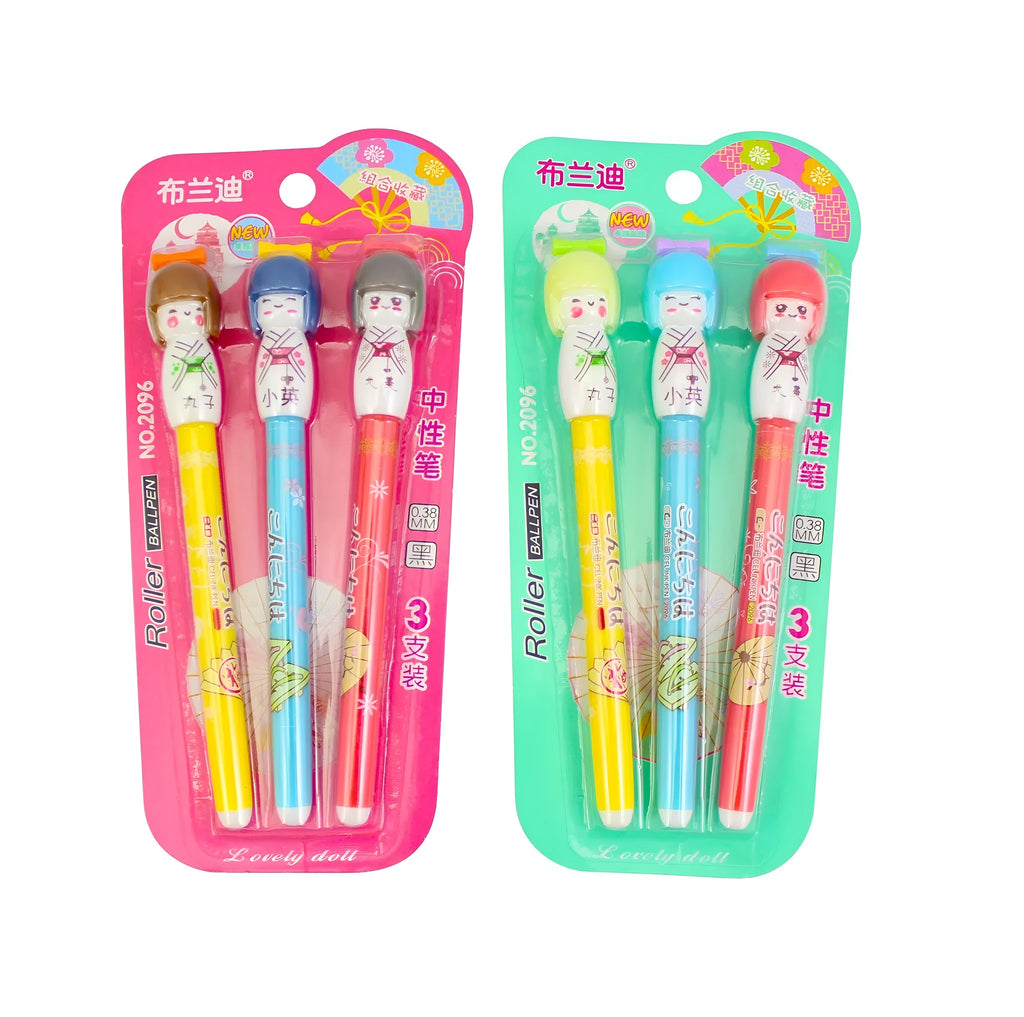 Brandi Japan Doll Gel Pen in black with 0.38mm ink and 152mm total length, 3PCS pack