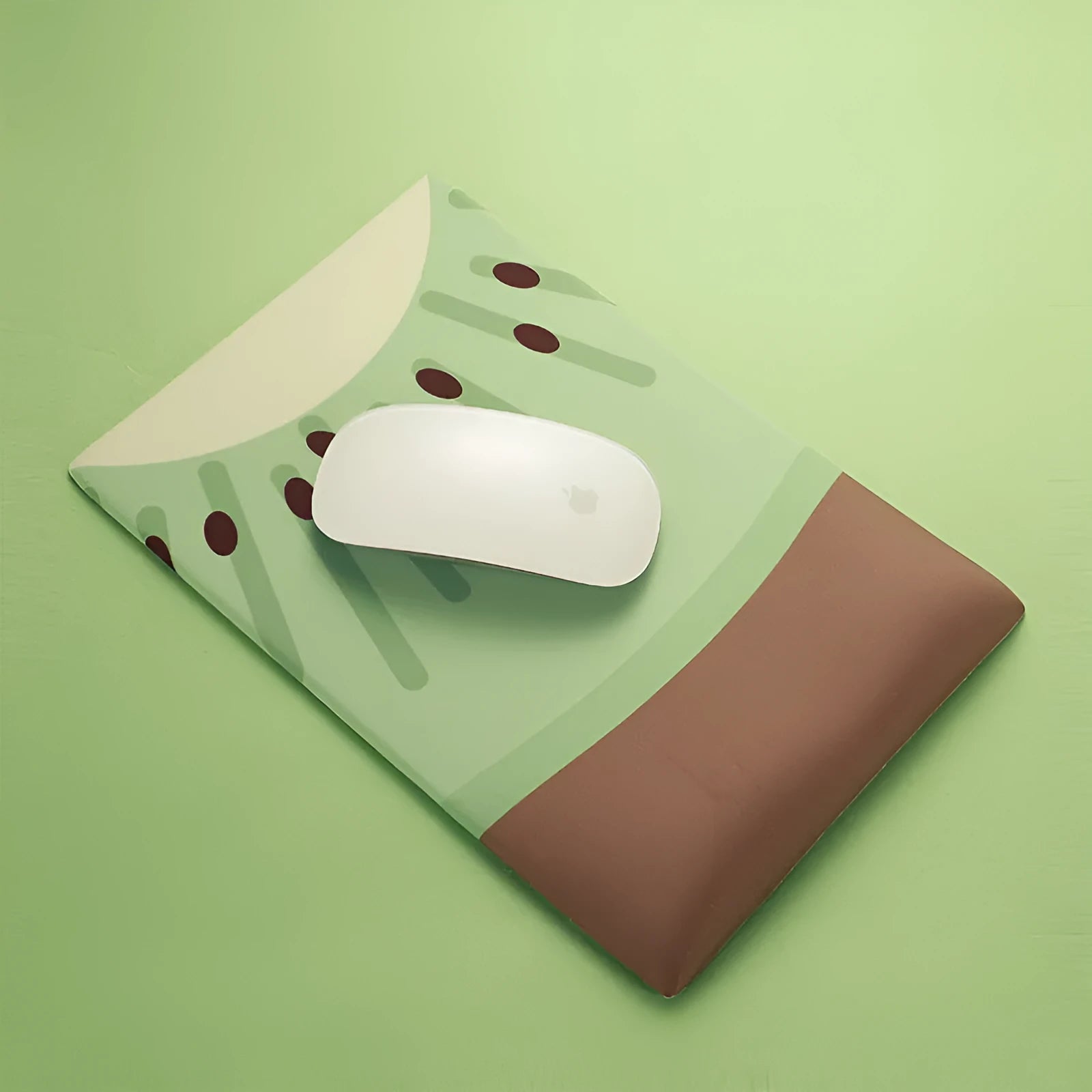 Green kiwi fruit printed on large cloth mouse pad with a raised grey silicone wrist support attached.