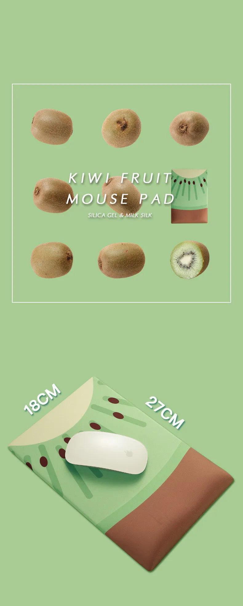 Green kiwi fruit printed on large cloth mouse pad with a raised grey silicone wrist support attached.
