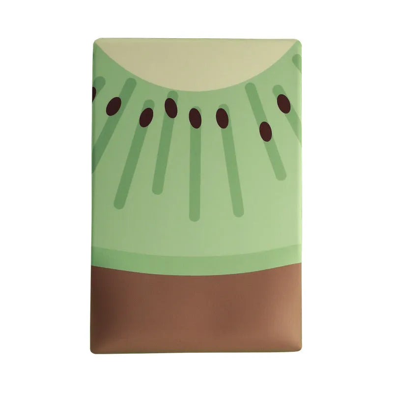 Green kiwi fruit printed on large cloth mouse pad with a raised grey silicone wrist support attached.