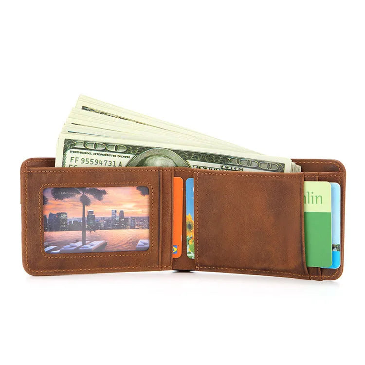 Brown men's compact leather RFID wallet showing card slots and slim 11cm profile.