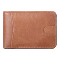 Brown men's compact leather RFID wallet showing card slots and slim 11cm profile.
