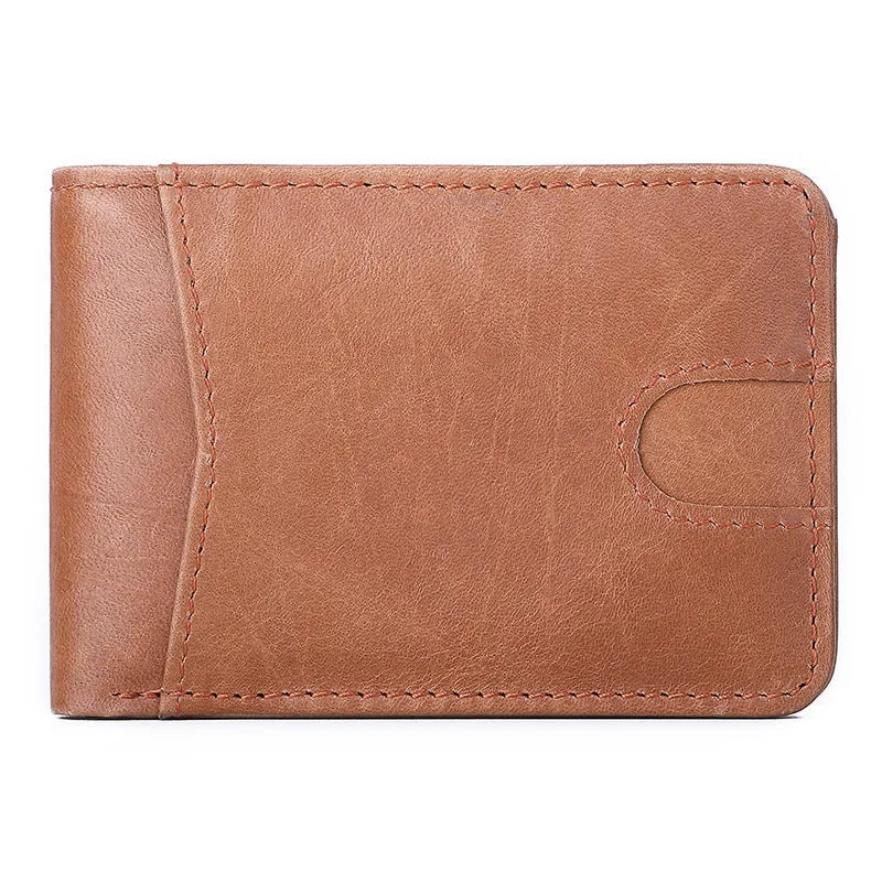 Brown men's compact leather RFID wallet showing card slots and slim 11cm profile.