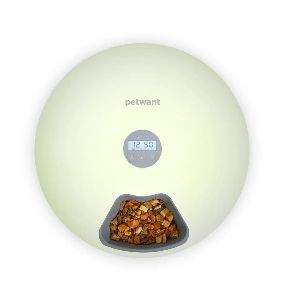 White ABS automatic pet feeder with six 80ml meal cells, 320x320x82mm, for cats and dogs