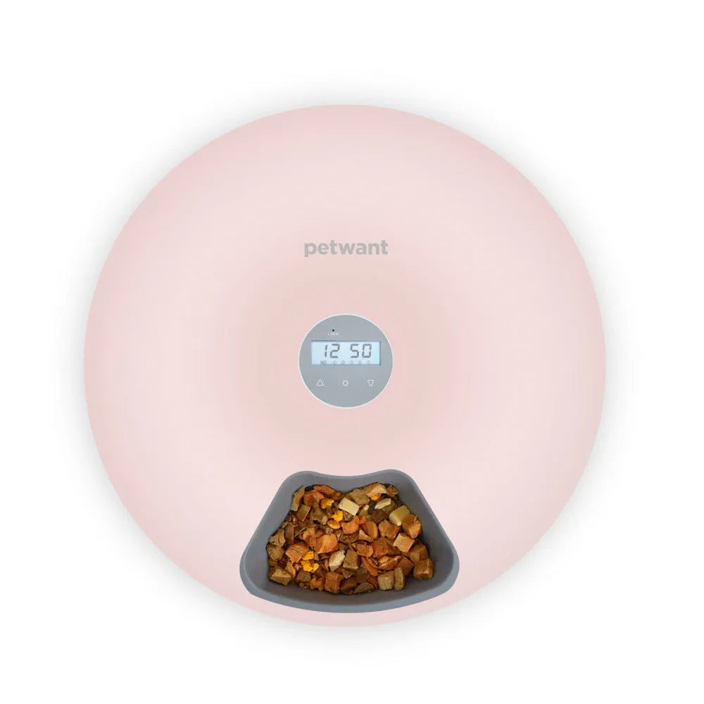 White ABS automatic pet feeder with six 80ml meal cells, 320x320x82mm, for cats and dogs