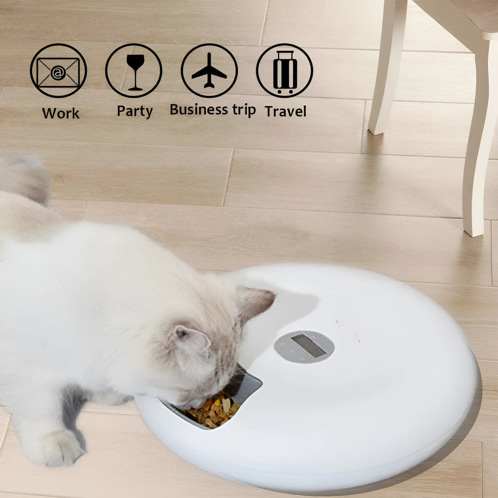 White ABS automatic pet feeder with six 80ml meal cells, 320x320x82mm, for cats and dogs