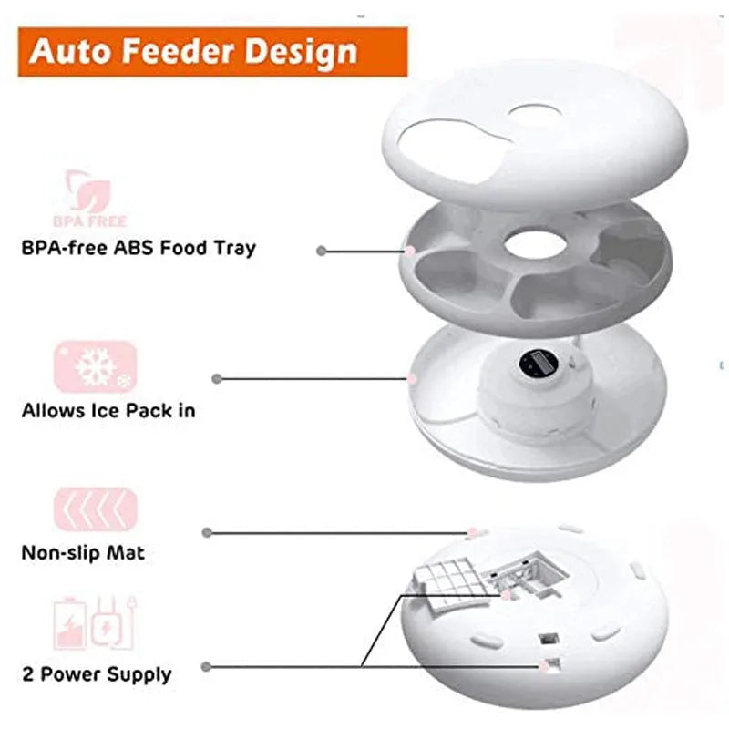 White ABS automatic pet feeder with six 80ml meal cells, 320x320x82mm, for cats and dogs