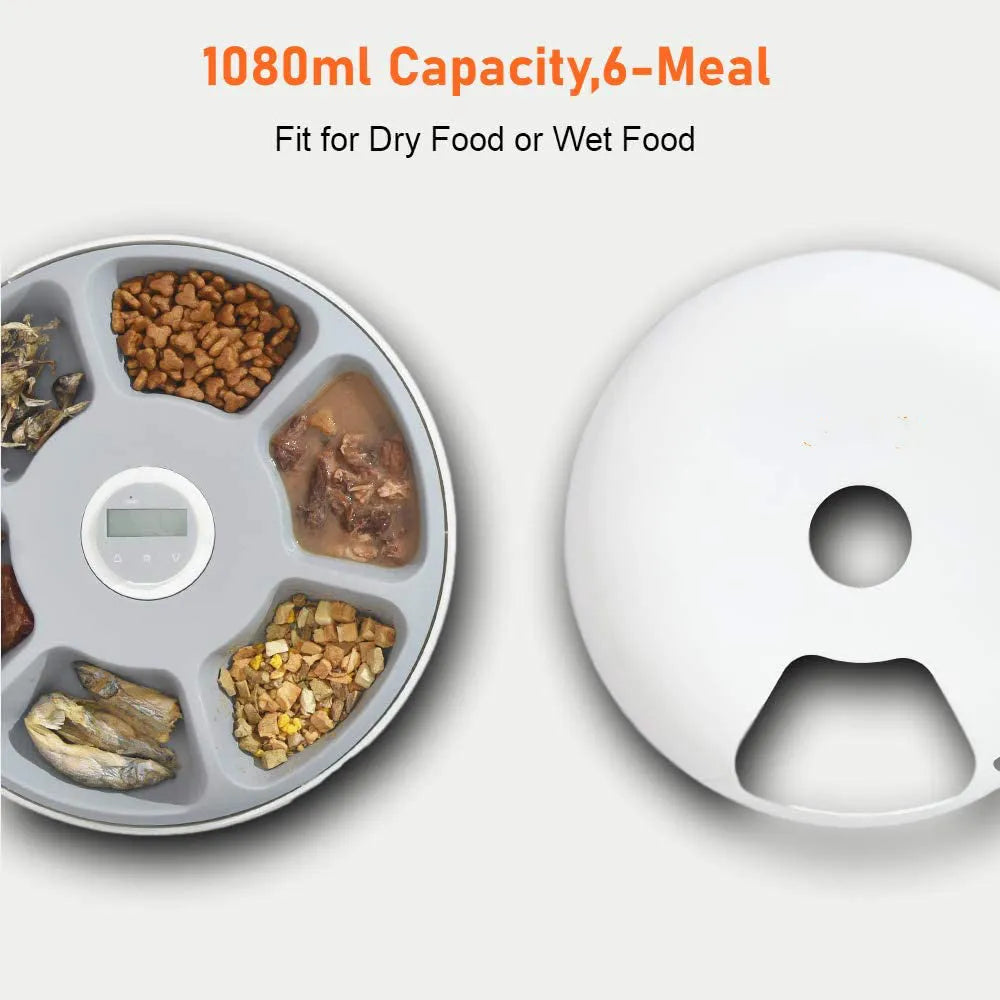 White ABS automatic pet feeder with six 80ml meal cells, 320x320x82mm, for cats and dogs