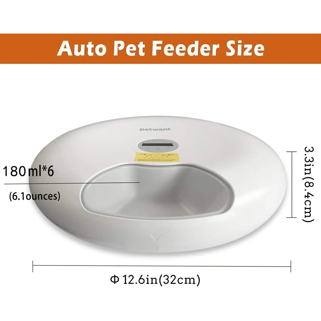 White ABS automatic pet feeder with six 80ml meal cells, 320x320x82mm, for cats and dogs