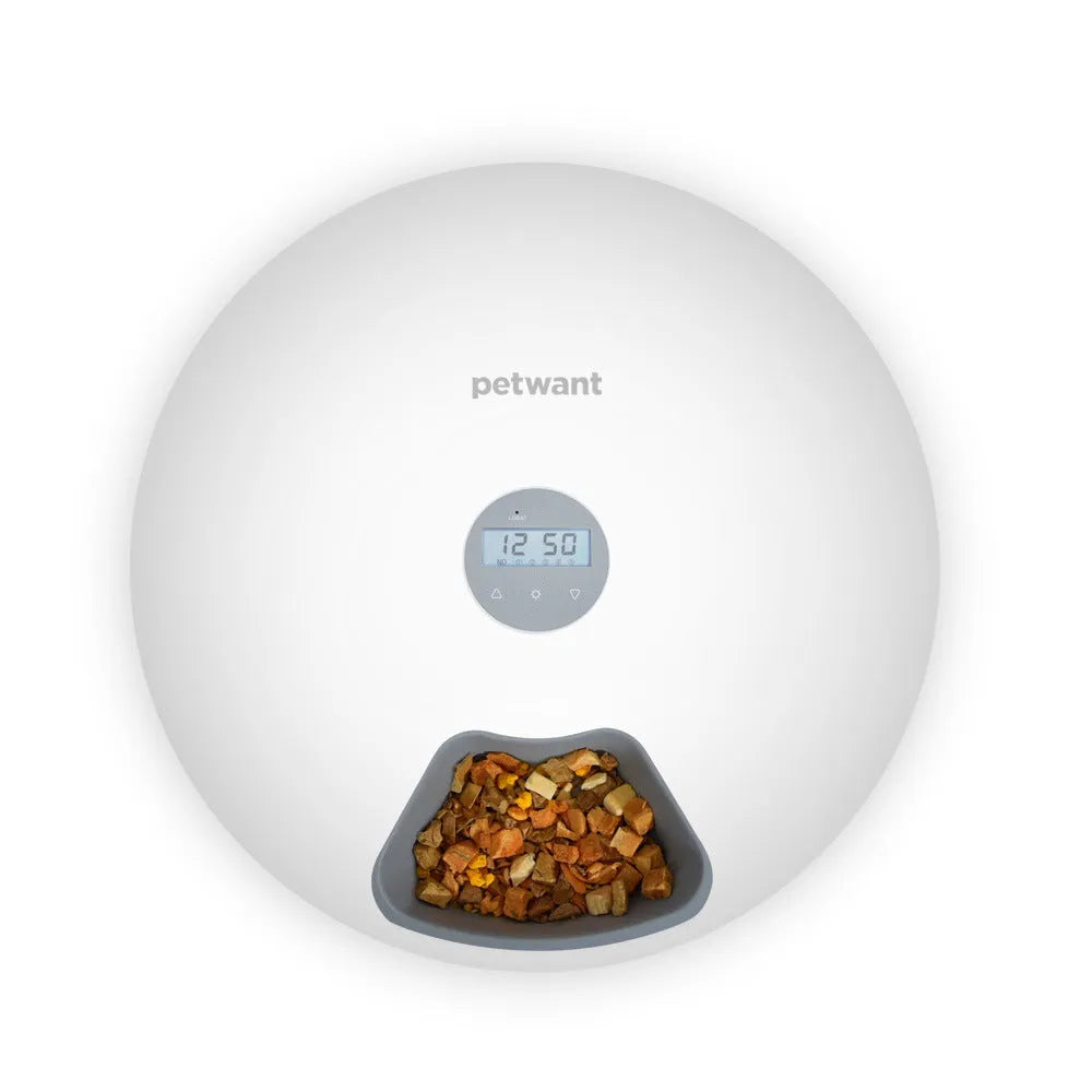 White ABS automatic pet feeder with six 80ml meal cells, 320x320x82mm, for cats and dogs