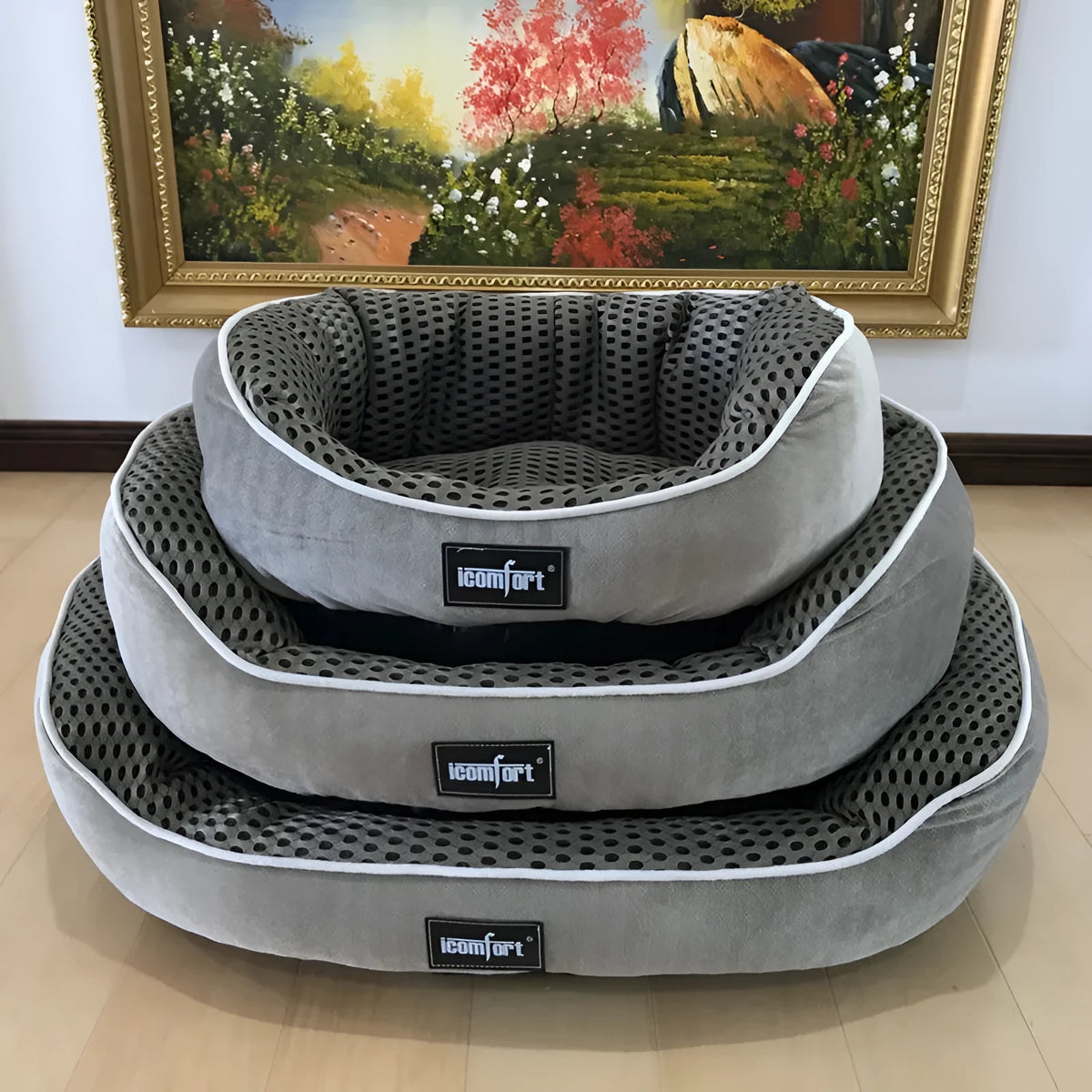 Summer cool pet kennel for dogs and cats, brown cotton filling, mesh options, available in multiple colours and sizes.