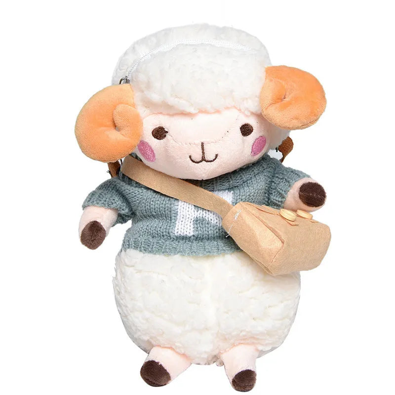 Little Sheep plush crossbody bag with lamb pattern in blue colour showing front zipper closure