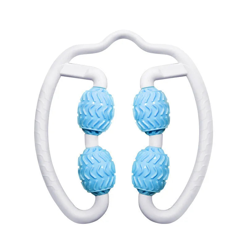 Purple and pink annular silicone leg massage rollers on a white background.