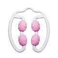Purple and pink annular silicone leg massage rollers on a white background.