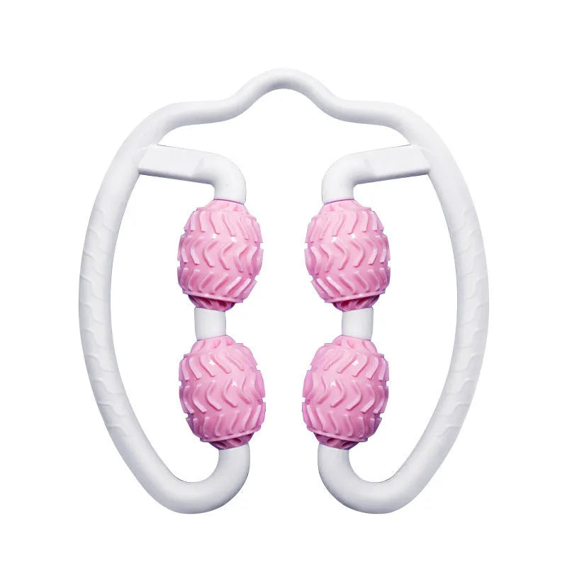 Purple and pink annular silicone leg massage rollers on a white background.
