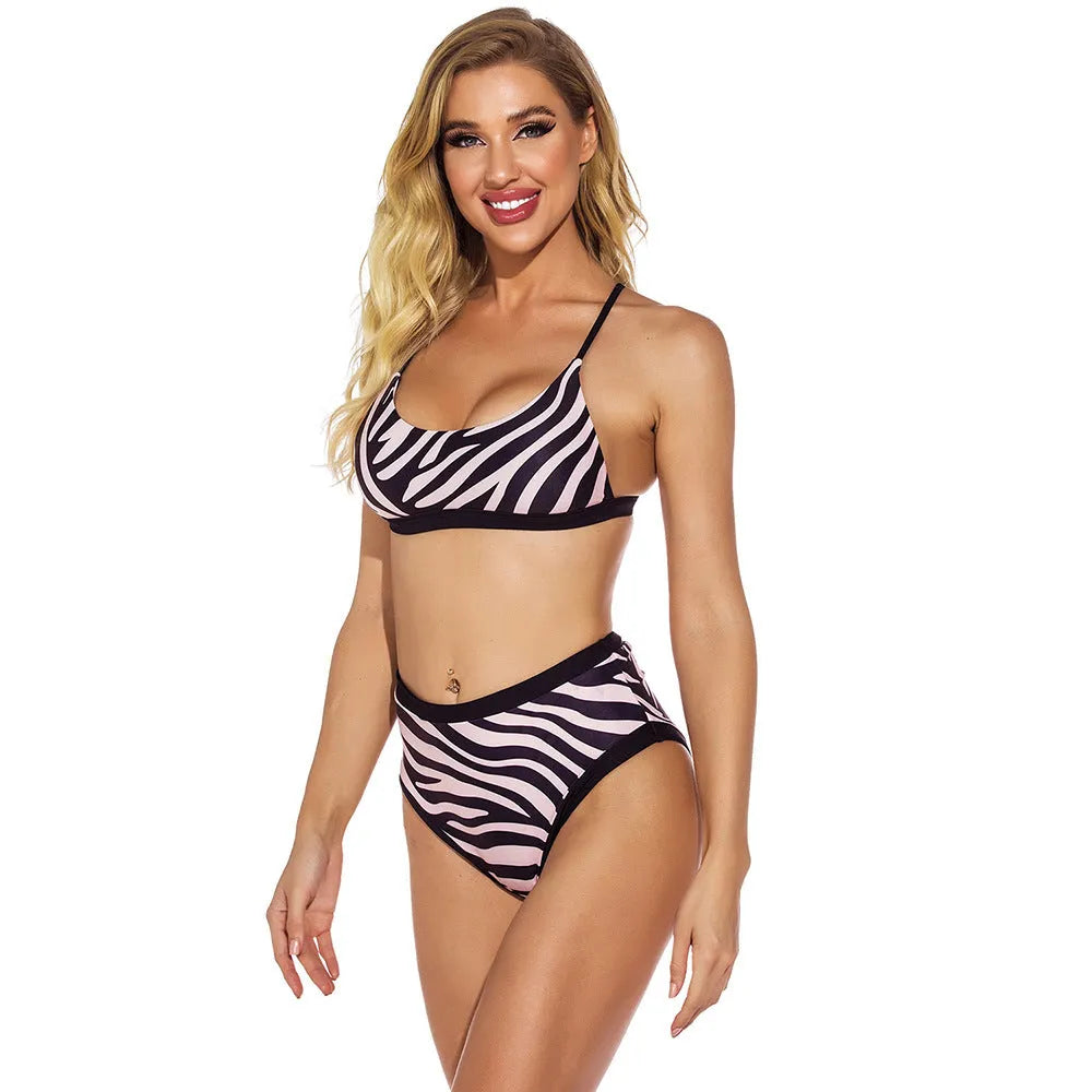 High waist split printed bikini, sleeveless polyester two-piece swimsuit in sizes S to XL