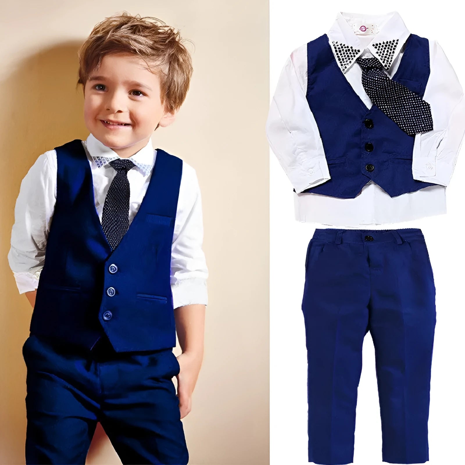 Blue boys' 3-piece smart casual suit with turtleneck, vest, trousers, and tie for toddlers