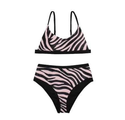 High waist split printed bikini, sleeveless polyester two-piece swimsuit in sizes S to XL
