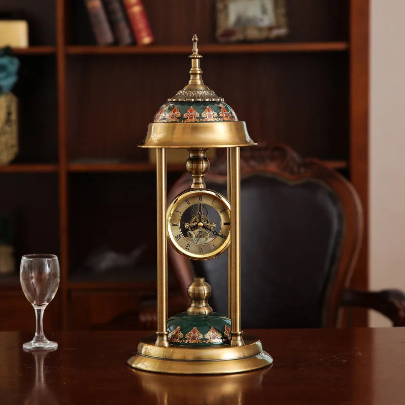 Nordic rectangular pendulum clock ornament with metal and glass construction showing pointer and LCD displays