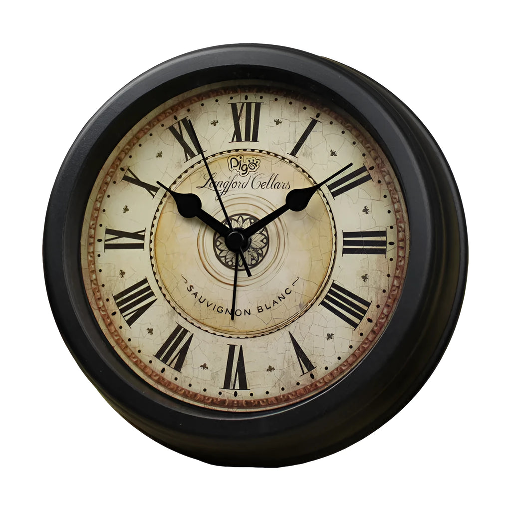 Round 6-inch European retro desk alarm clock with a plastic shell and pointer display.