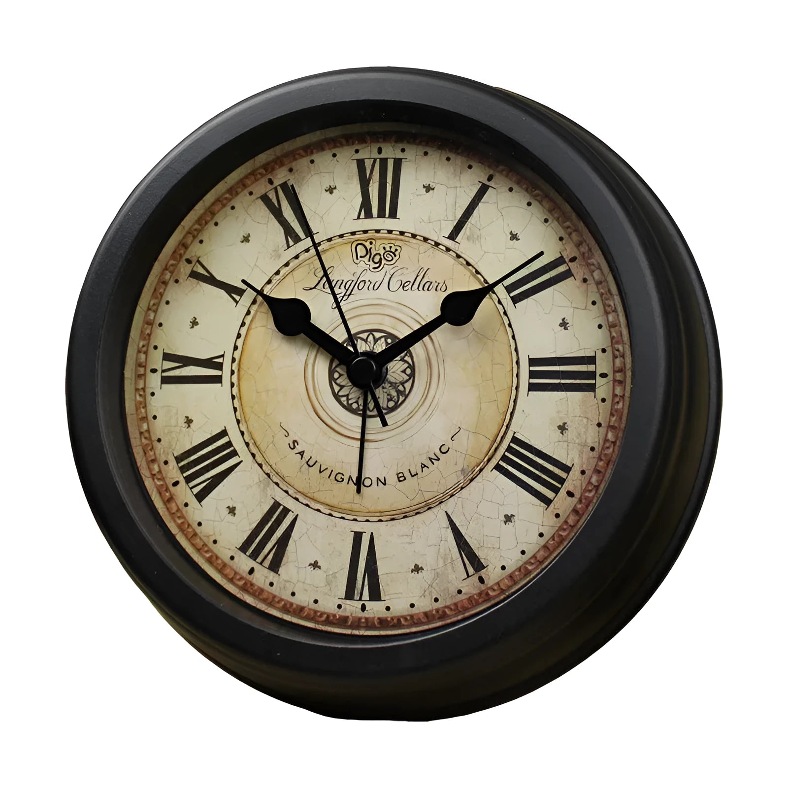 Round 6-inch European retro desk alarm clock with a plastic shell and pointer display.