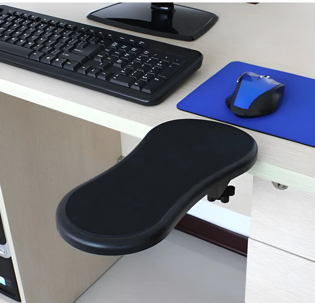Small black rotating computer mouse wrist pad bracket showing 180-degree adjustment capability