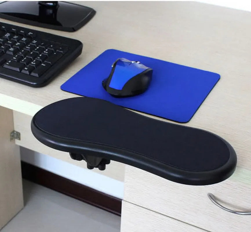 Small black rotating computer mouse wrist pad bracket showing 180-degree adjustment capability