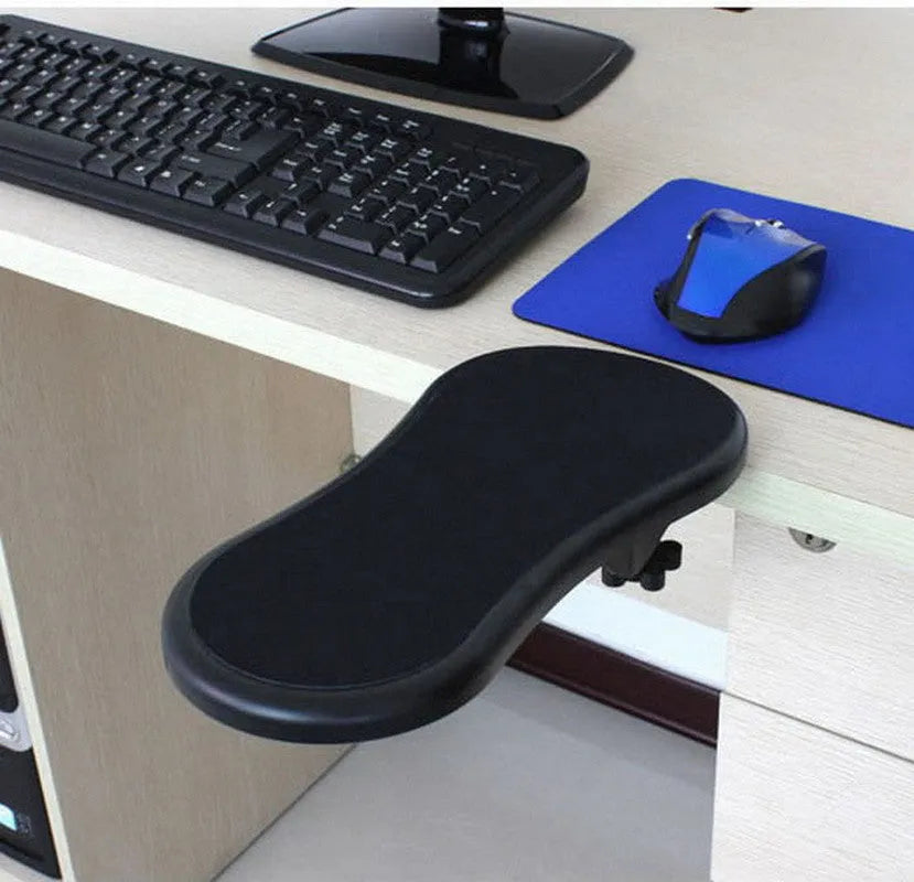 Small black rotating computer mouse wrist pad bracket showing 180-degree adjustment capability