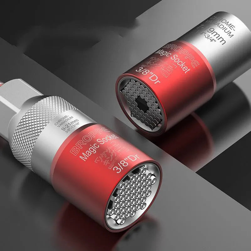 Red socket wrench set with universal metric sockets for electric screwdrivers