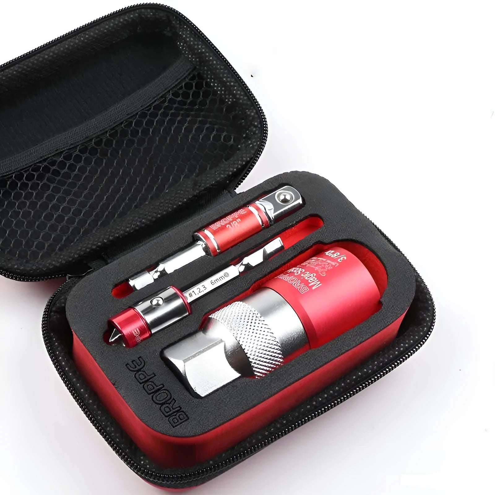 Red socket wrench set with universal metric sockets for electric screwdrivers