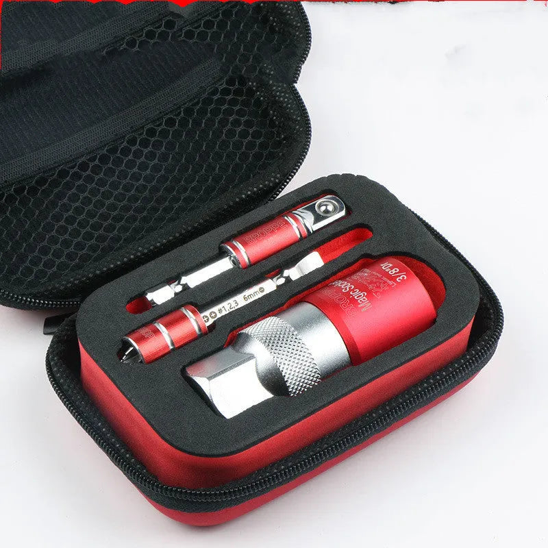Red socket wrench set with universal metric sockets for electric screwdrivers