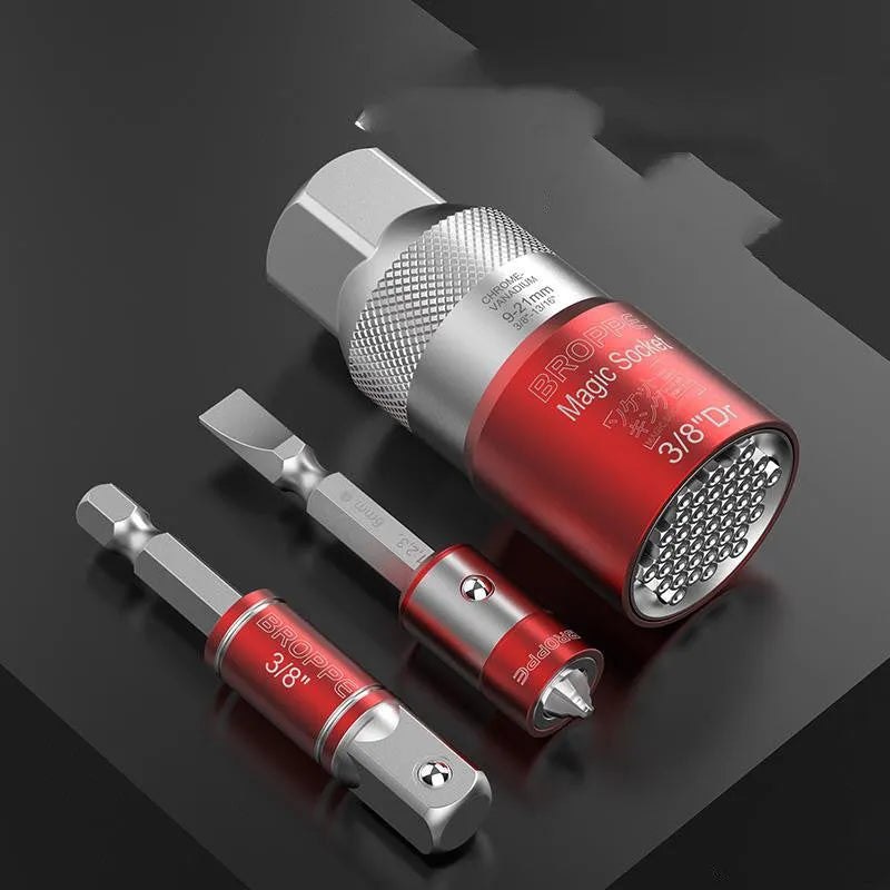 Red socket wrench set with universal metric sockets for electric screwdrivers