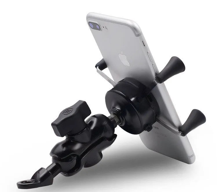 Black aluminium alloy motorcycle phone mount attached to a bike handlebar holding a mobile phone.
