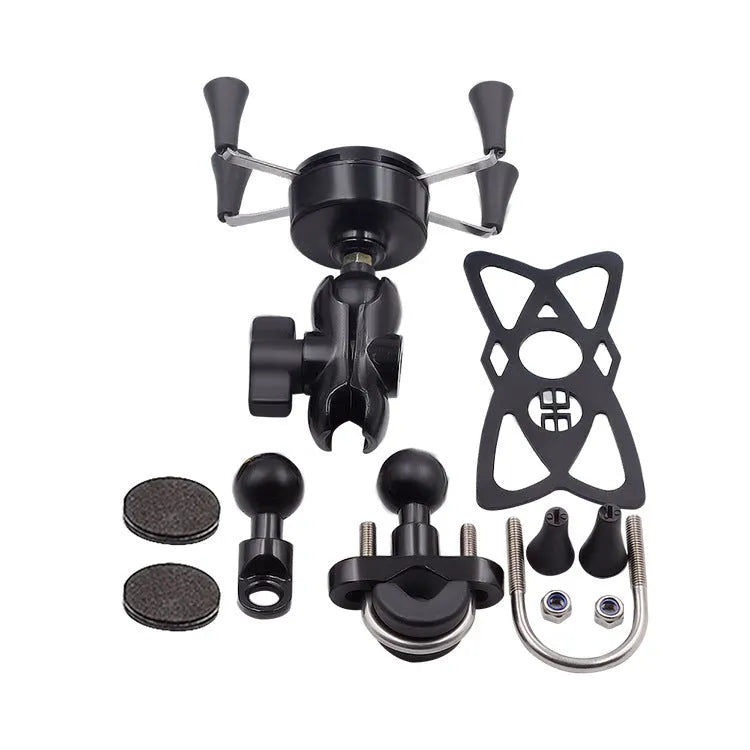 Black aluminium alloy motorcycle phone mount attached to a bike handlebar holding a mobile phone.