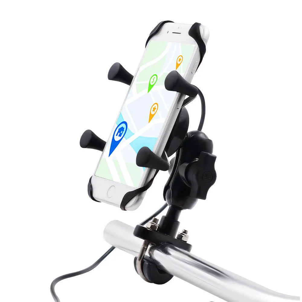 Black aluminium alloy motorcycle phone mount attached to a bike handlebar holding a mobile phone.