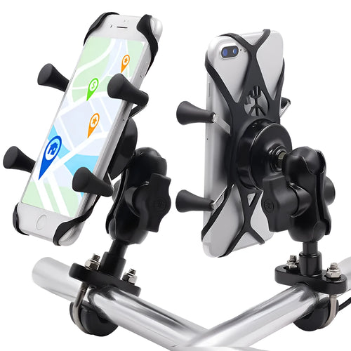 Black aluminium alloy motorcycle phone mount attached to a bike handlebar holding a mobile phone.