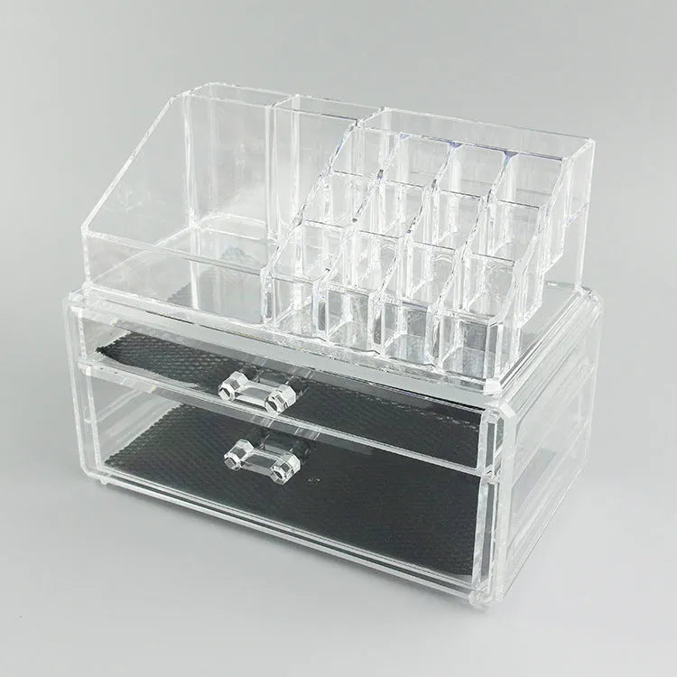 Clear foldable acrylic storage box for makeup organisation, shown empty with dimensions 240mm by 150mm by 190mm