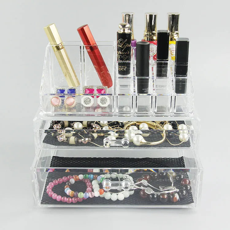 Clear foldable acrylic storage box for makeup organisation, shown empty with dimensions 240mm by 150mm by 190mm