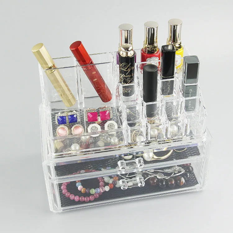 Clear foldable acrylic storage box for makeup organisation, shown empty with dimensions 240mm by 150mm by 190mm