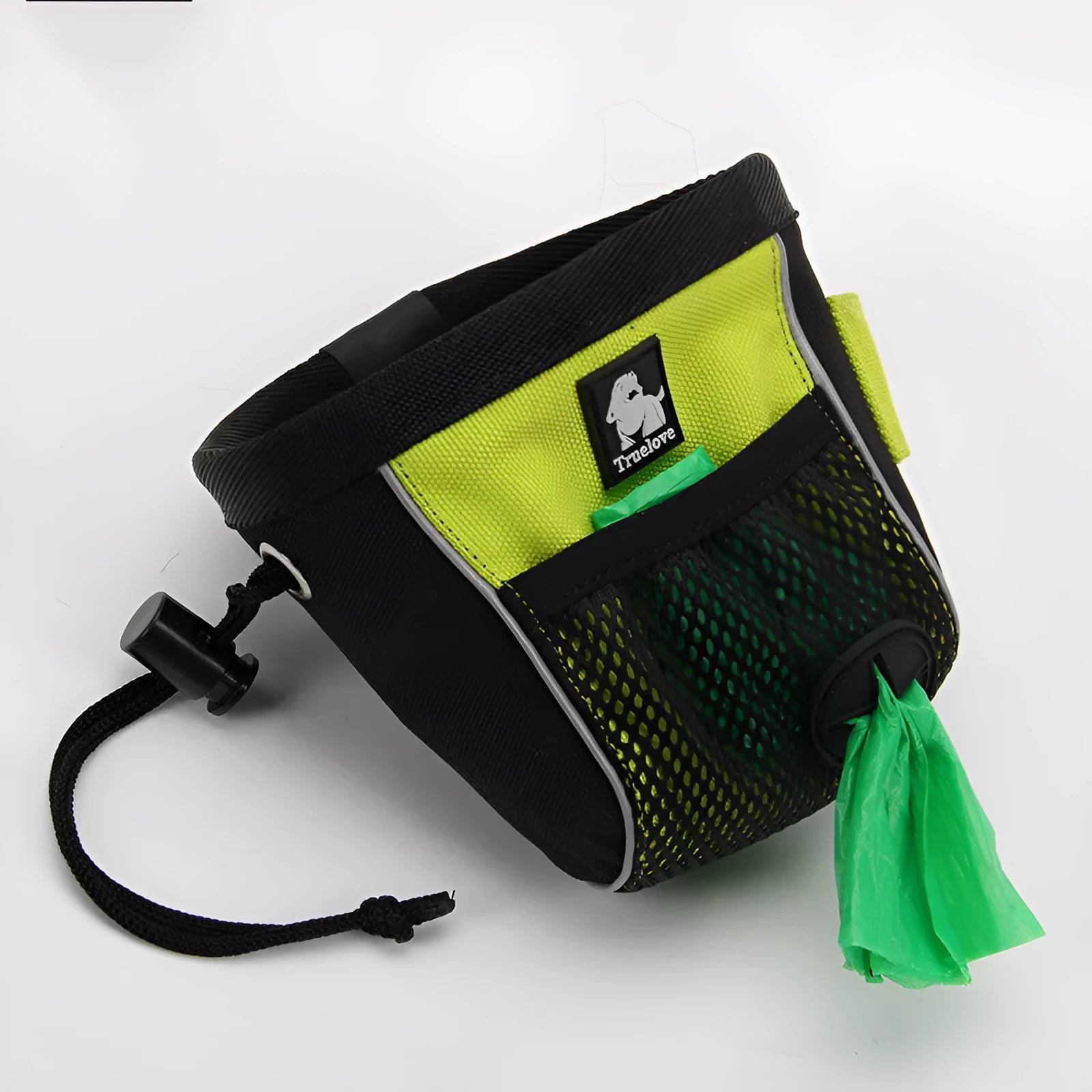 Waterproof dog training waist bag in green with removable compartment showing size dimensions