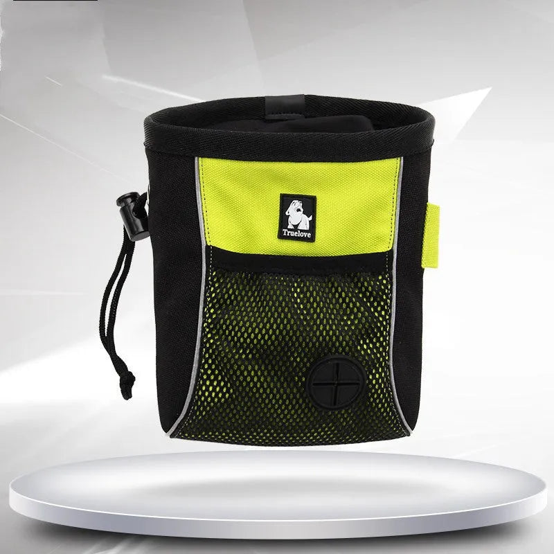 Waterproof dog training waist bag in green with removable compartment showing size dimensions