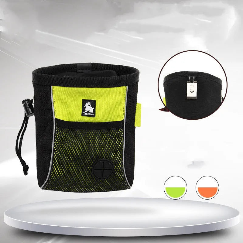Waterproof dog training waist bag in green with removable compartment showing size dimensions