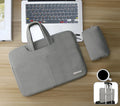 Blue PU leather laptop sleeve open to show internal zipper pocket, phone pocket, and padded computer compartment.