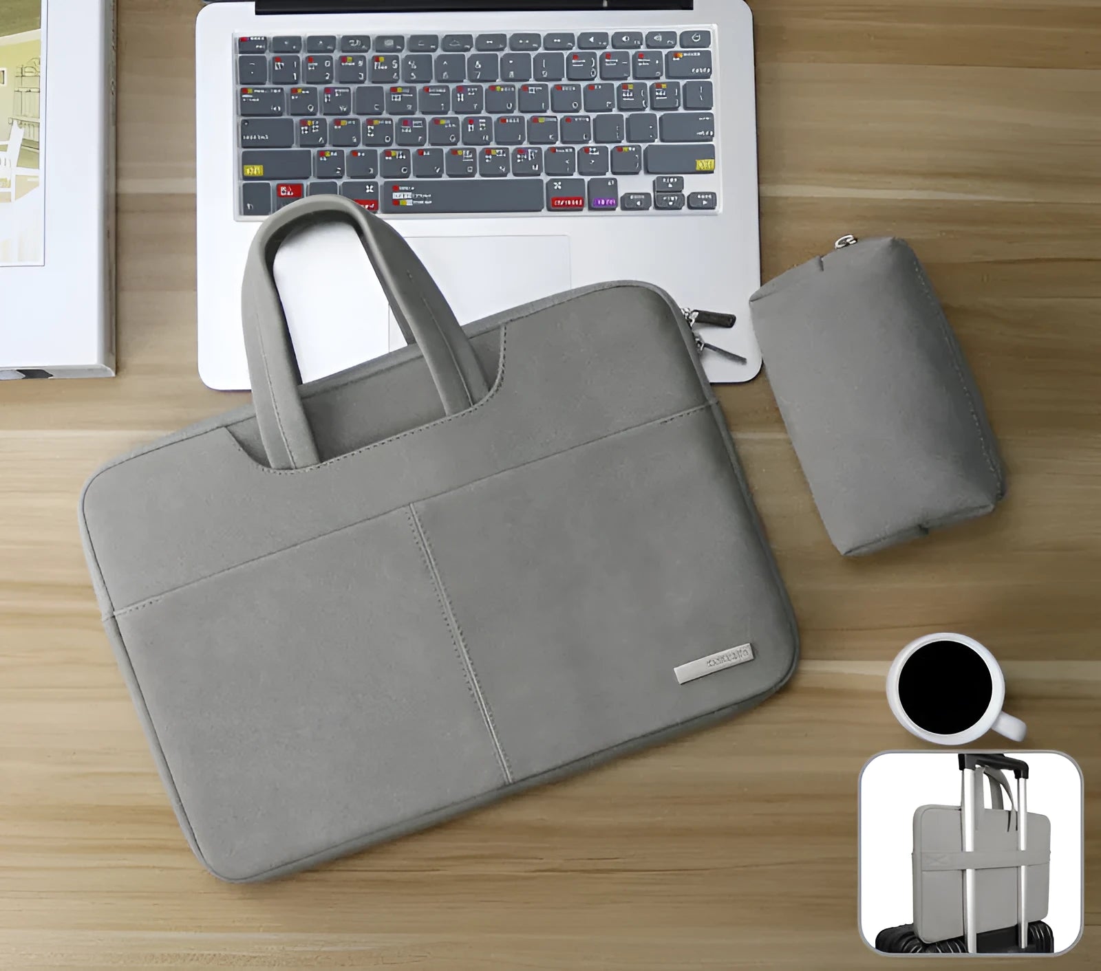 Blue PU leather laptop sleeve open to show internal zipper pocket, phone pocket, and padded computer compartment.