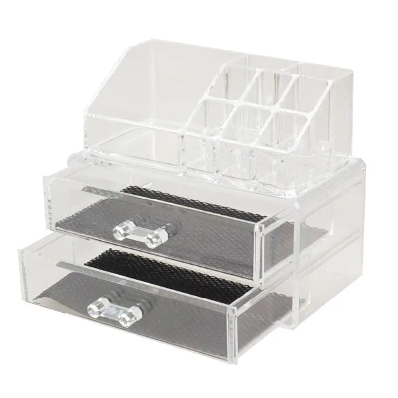 Clear foldable acrylic storage box for makeup organisation, shown empty with dimensions 240mm by 150mm by 190mm