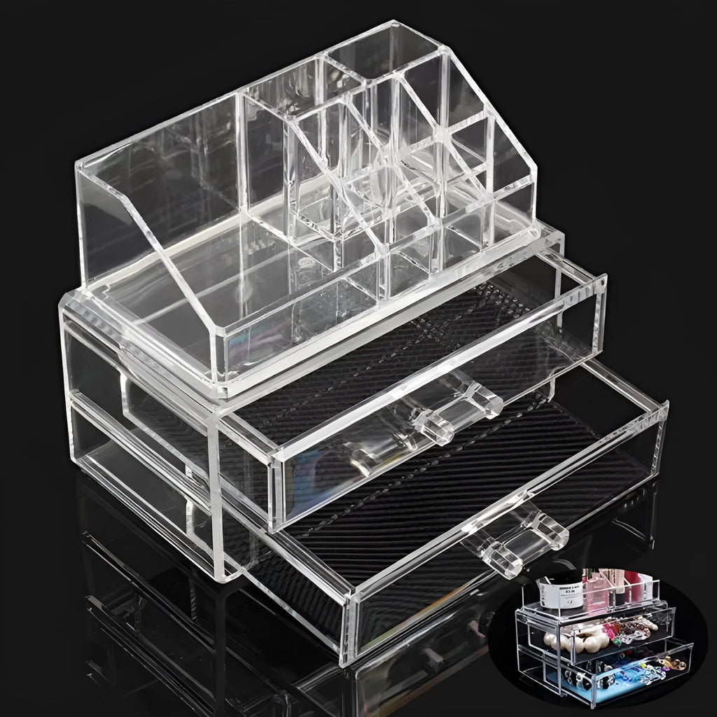 Clear foldable acrylic storage box for makeup organisation, shown empty with dimensions 240mm by 150mm by 190mm