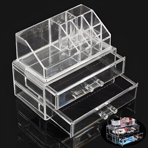 Clear foldable acrylic storage box for makeup organisation, shown empty with dimensions 240mm by 150mm by 190mm
