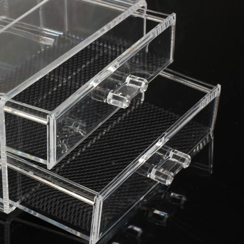 Clear foldable acrylic storage box for makeup organisation, shown empty with dimensions 240mm by 150mm by 190mm