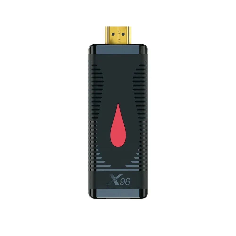 Smart TV set-top box dongle with remote, cable, and EU/UK/US power adapters on a white background.