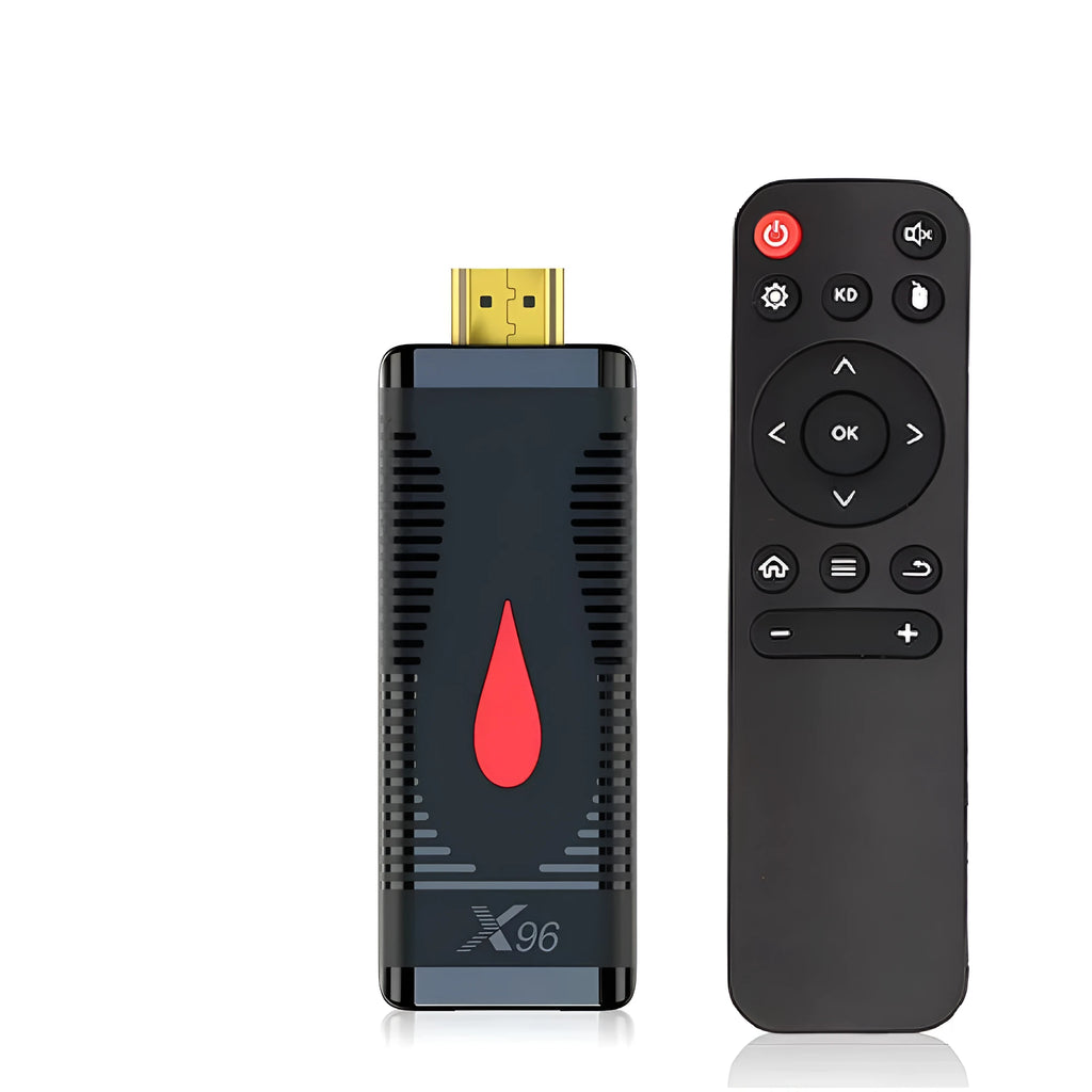 Smart TV set-top box dongle with remote, cable, and EU/UK/US power adapters on a white background.